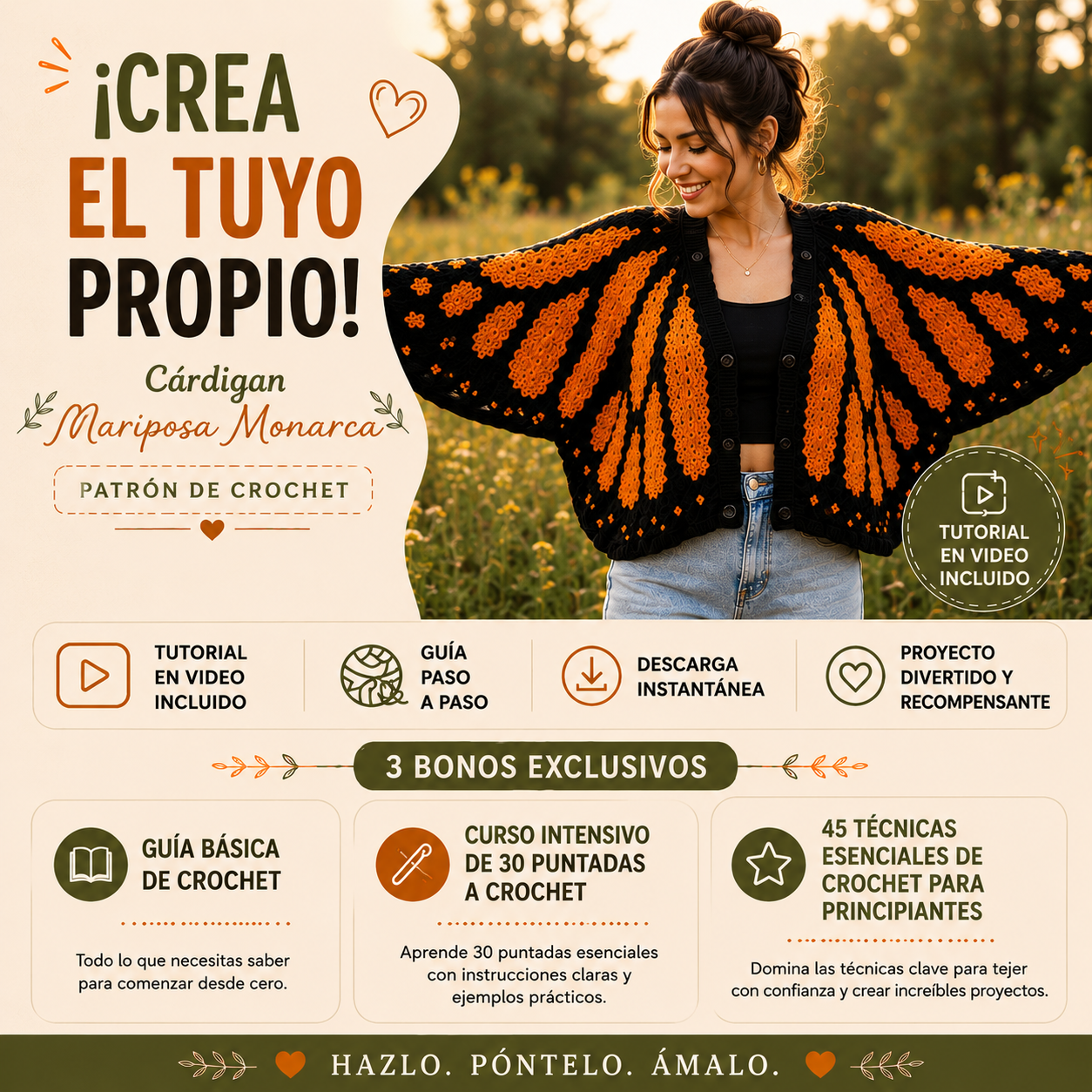 🦋 Patrón + Curso- Cardigan Mariposa Monarca Crochet (3 bonos incluidos)