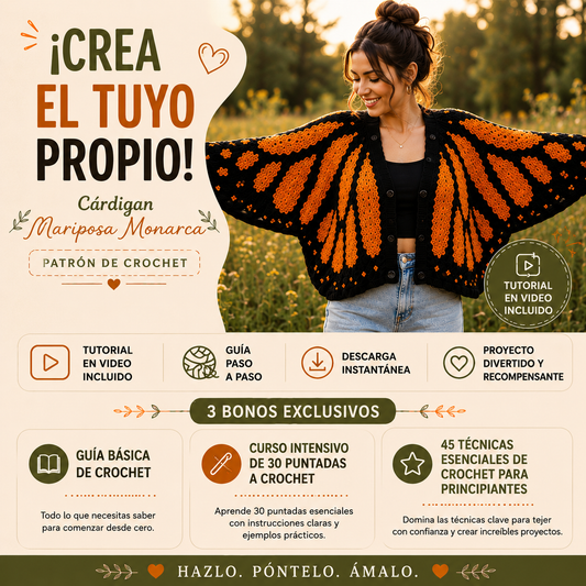 🦋 Patrón + Curso- Cardigan Mariposa Monarca Crochet (3 bonos incluidos)